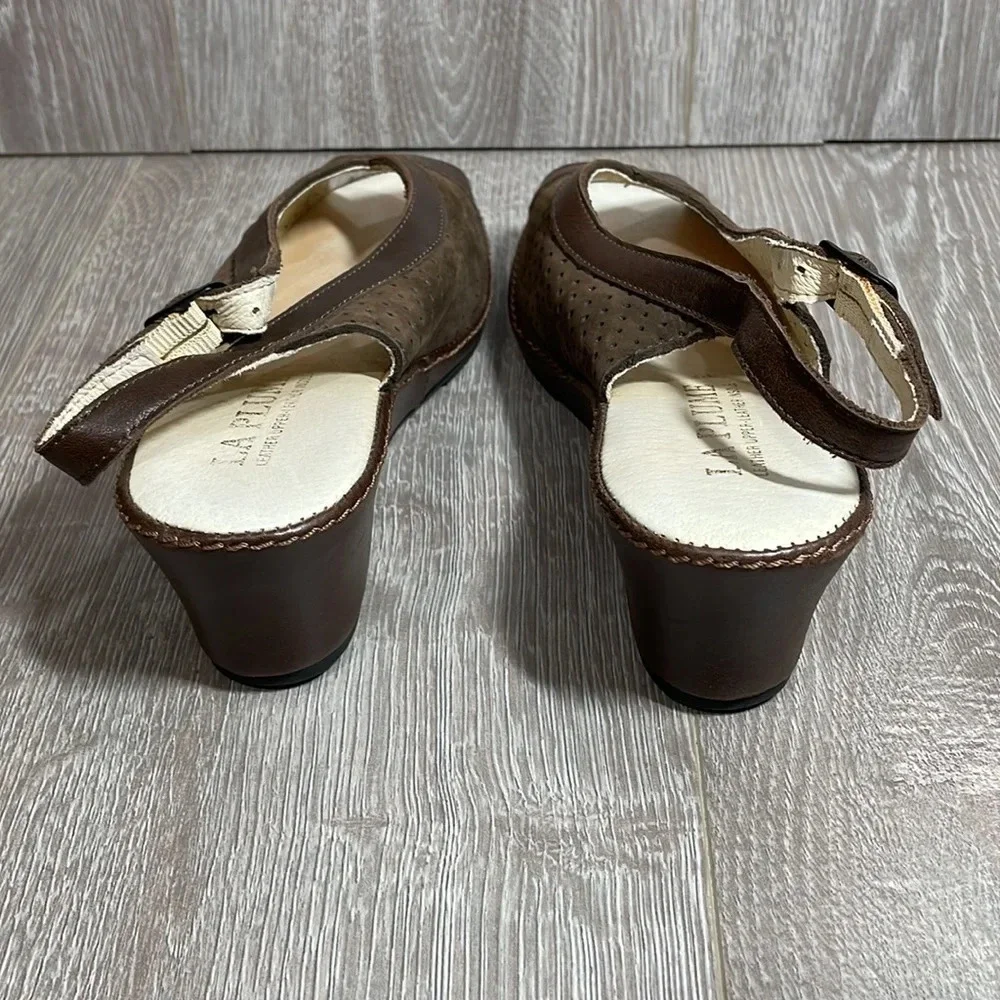 La Plume Leather Brown Slingback Wedge Open Toe Sandals 39 (9 US)